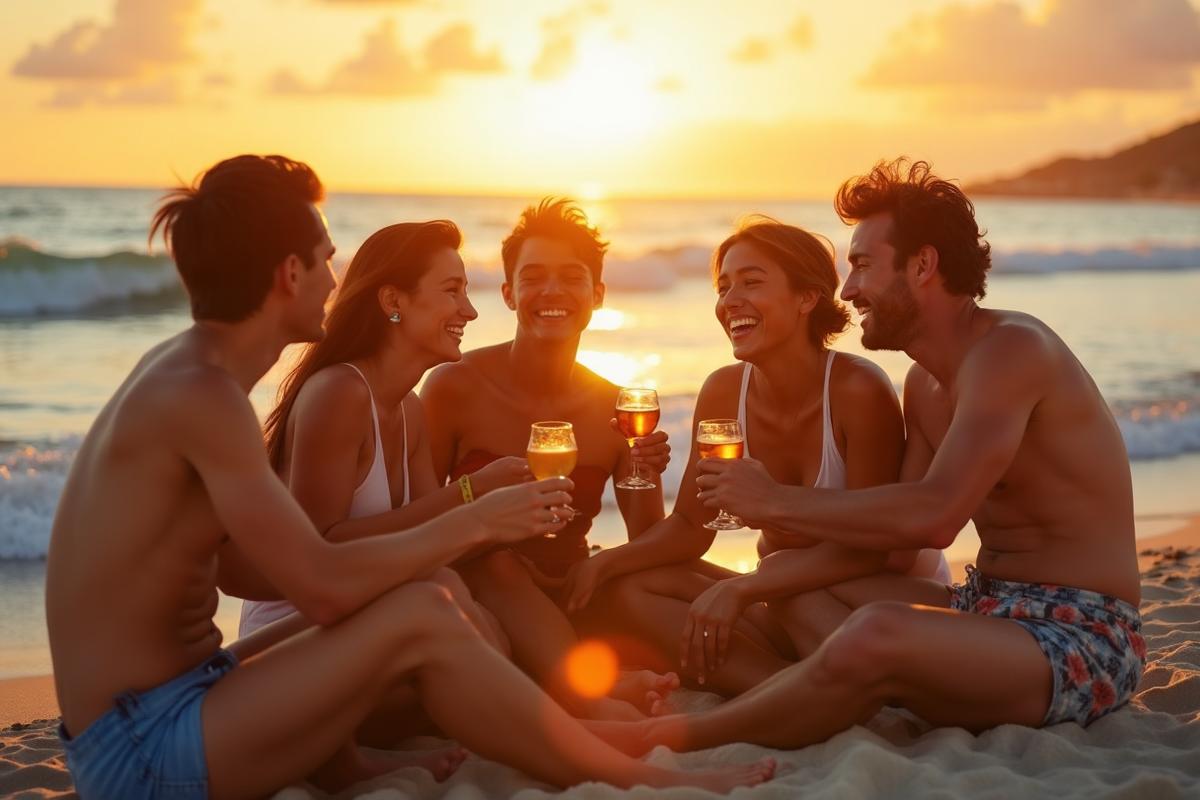 Friends enjoying drinks at the beach